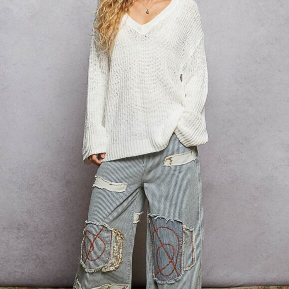 Oversized White Knit Sweater | Slouchy V-Neck Pullover | Boho Cozy Top NWT - Picture 5 of 6